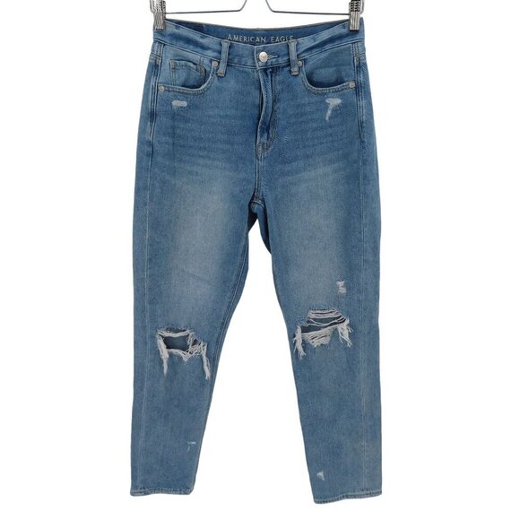 American Eagle Womens 4 Mom Jeans Blue Distressed Destroyed Denim Pants Cotton - Picture 1 of 14